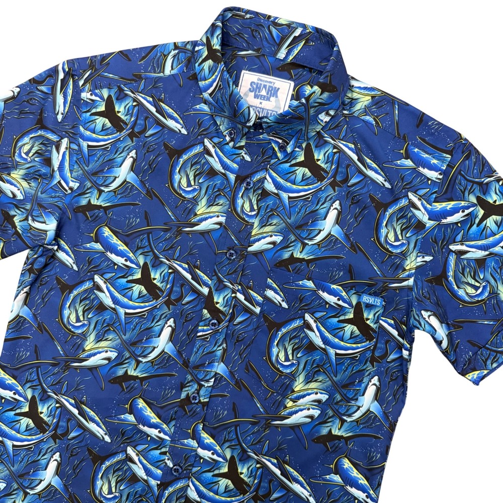 RSVLTS Shark Week Shirt Mens XS Blue Kunuflex Short Sleeve Button Down Discovery